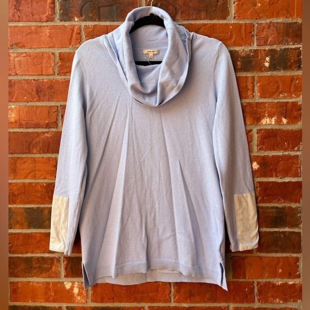 Tyler Boe Womens Small Cashmere Blend Blue Coel Neck Sweater Patch Sleeves